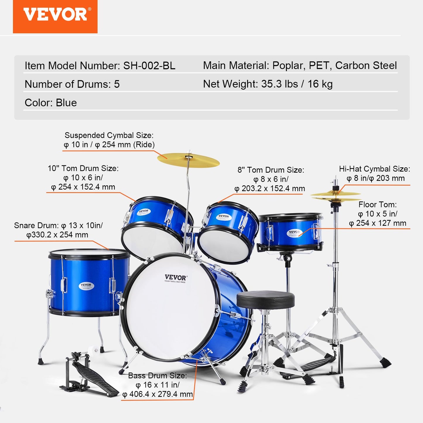 VEVOR Kids Drum Set, 5-Piece, 16 in Beginner Full Drum Set with Bass Toms Snare Floor Drum,-$130