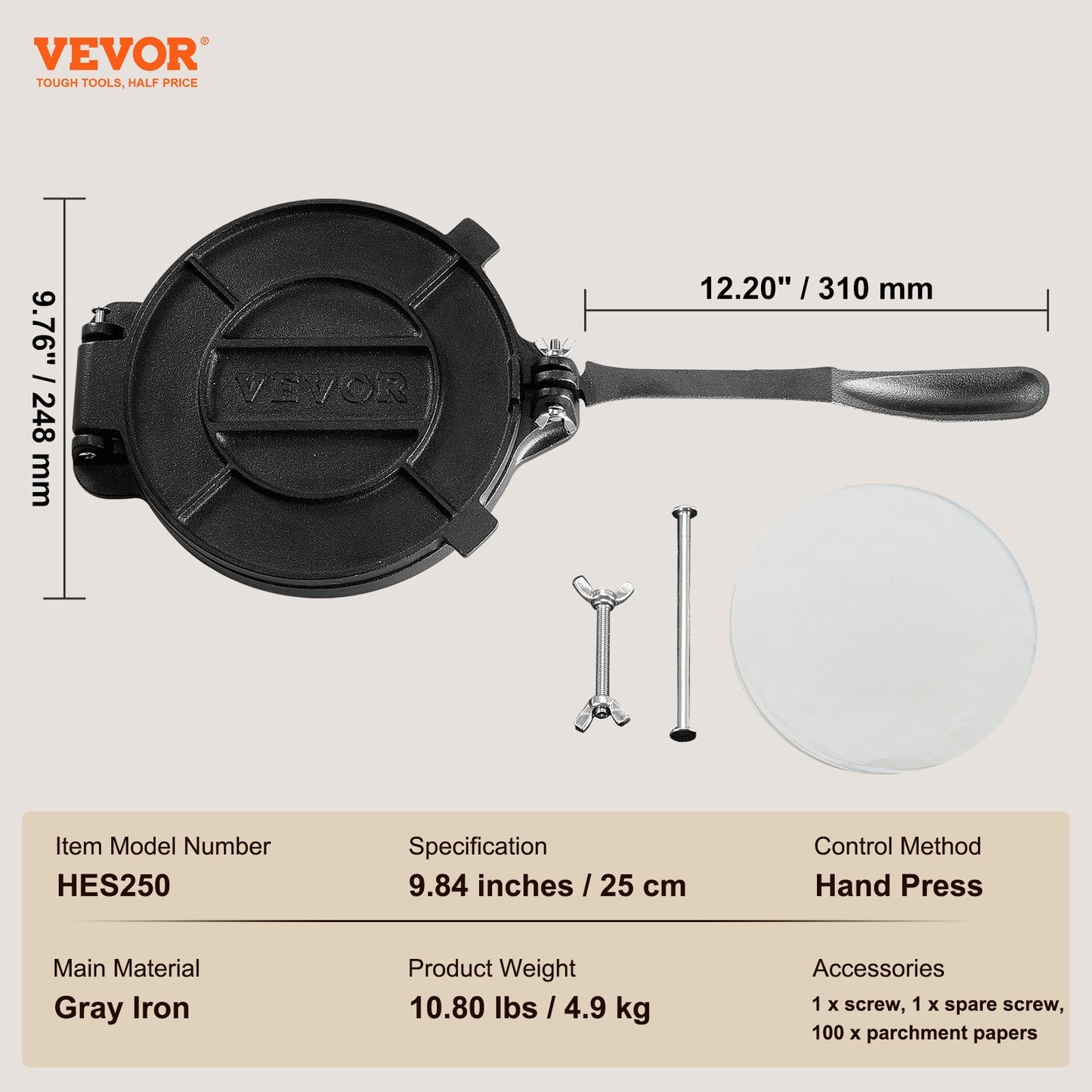 VEVOR Tortilla Press, 10 Inch Tortilla and Roti Maker, Cast Iron Heavy Duty Tortilladora Press,-$30