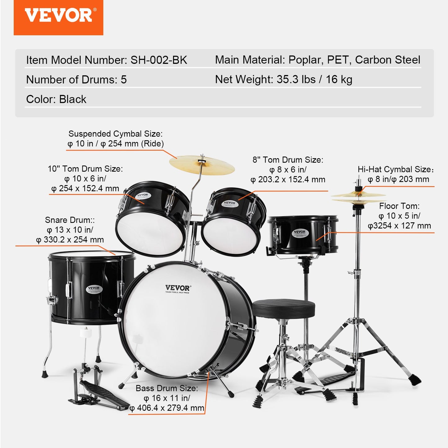VEVOR Kids Drum Set, 5-Piece, 16 in Beginner Full Drum Set with Bass Toms Snare Floor Drum Adjustable,-$160