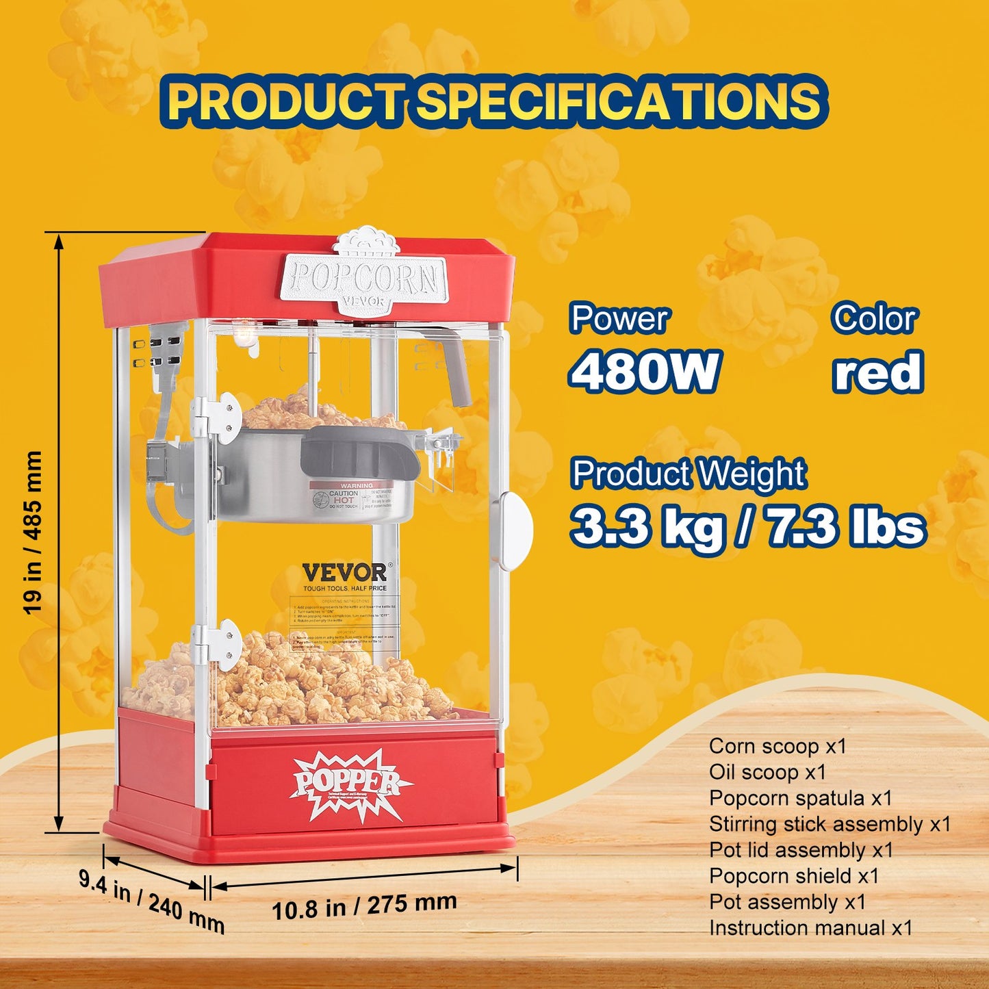 VEVOR Popcorn Maker, 480W Popcorn Popper Machine, 4 Oz Kettle Makes 1.5 Gallon per Batch,-$75