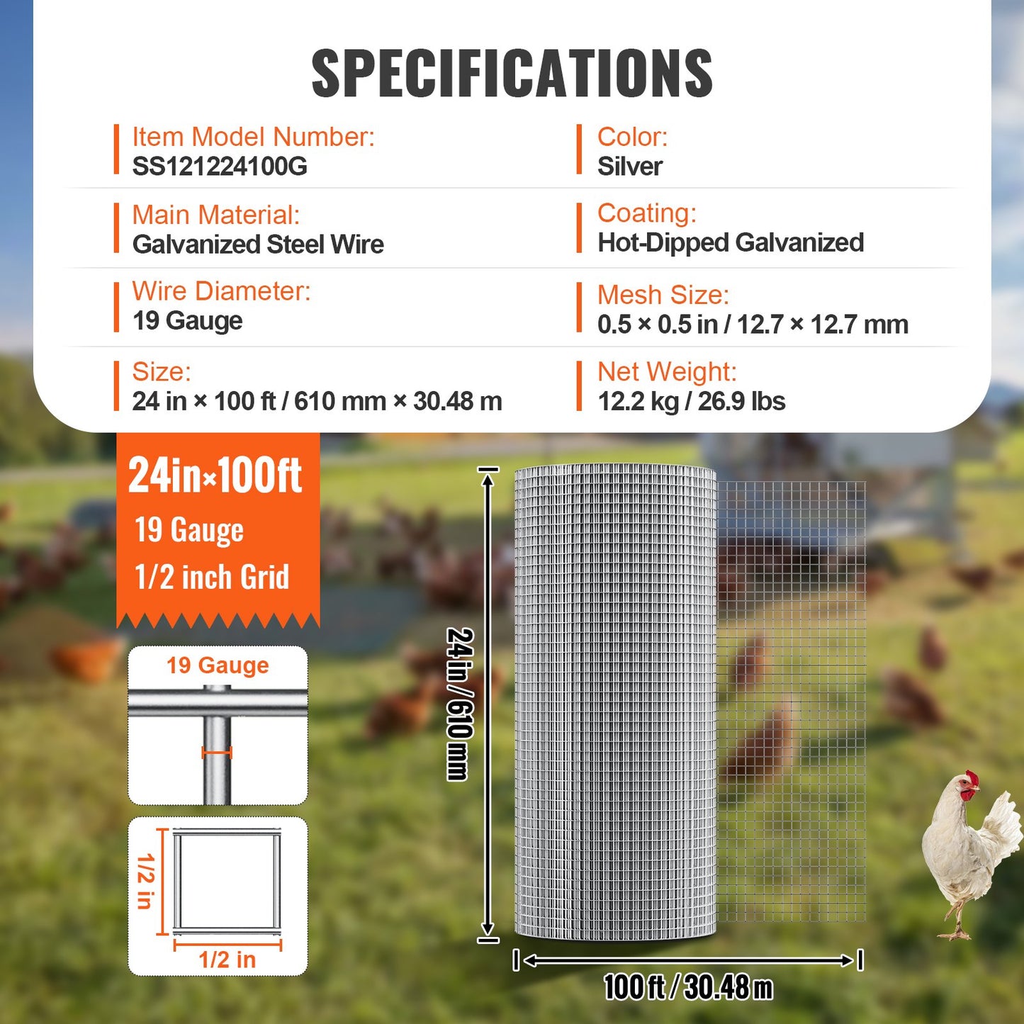 VEVOR Hardware Cloth, 1/2 inch 24in x 100 ft 19 Gauge, Hot Dipped Galvanized Wire Mesh Roll,-$60