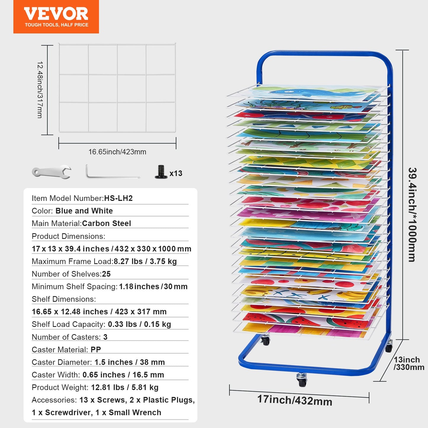 VEVOR Art Drying Rack, 25 Removable Shelves 17 x 13 x 39.4 inch Paint Drying Rack With Lockable Wheels,-$65