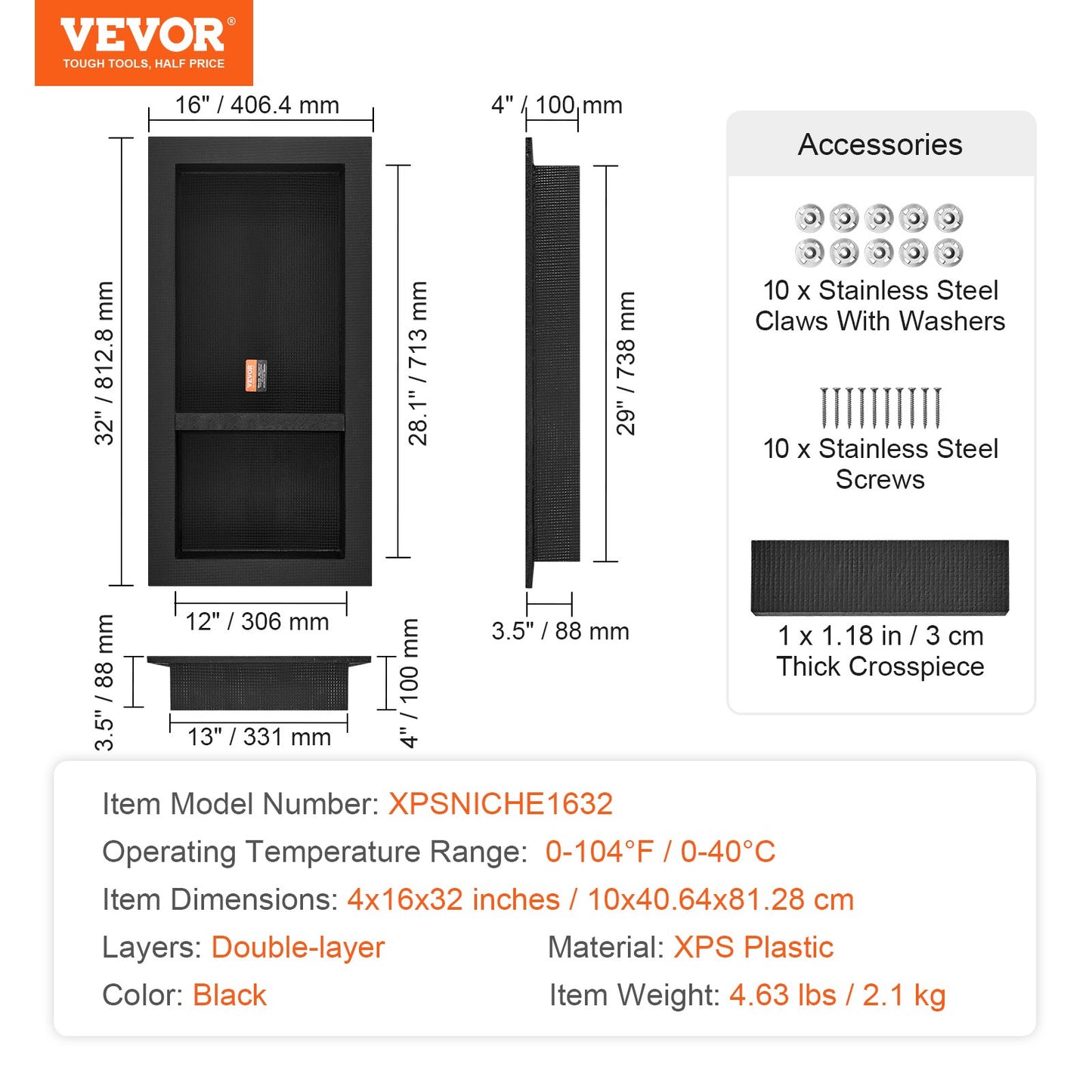 VEVOR Shower Niche Ready for Tile 16" x 32", Double Shelf Organizer, Square Corners Wall-inserted Niche,-$50
