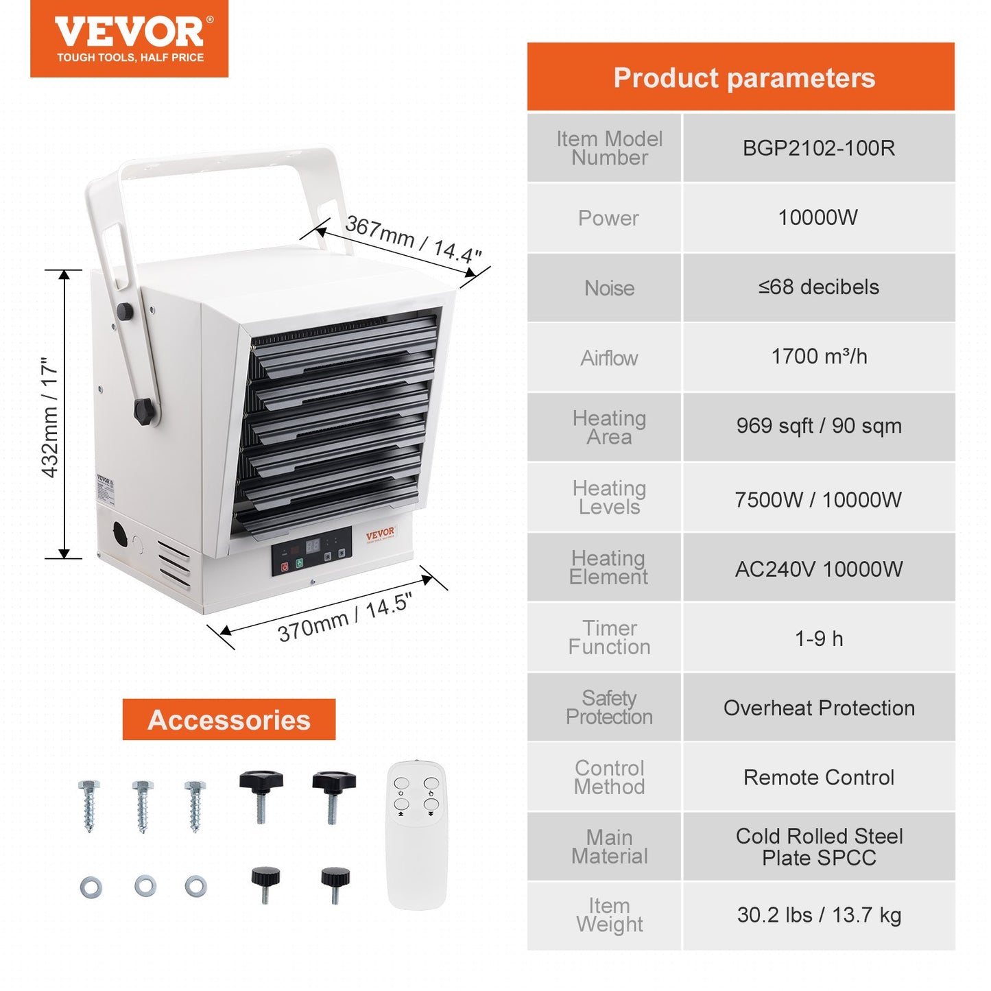 VEVOR Electric Garage Heater, 10000-Watt Digital Fan-Forced Wall/Ceiling Mount Shop Heater,-$230