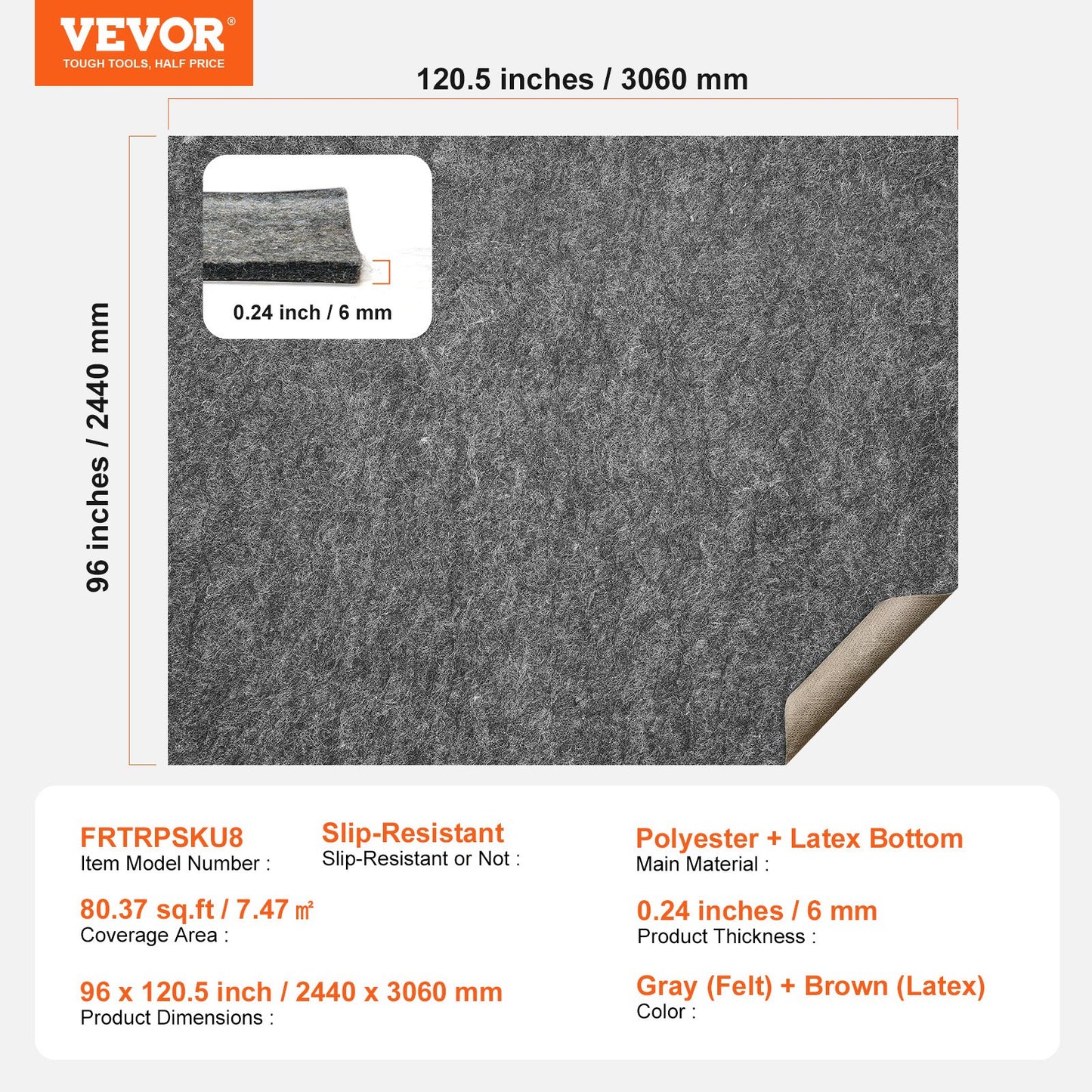 VEVOR - Slip-Resistant Rug Pad - Protective Cushioning Carpet Pad - 8' x 10' - 1/4"Thick - Dual Surface,-$60