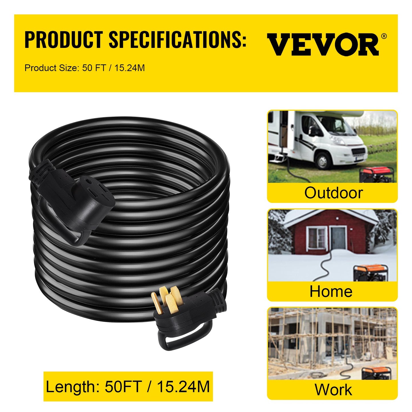 VEVOR 50 FT 50 Amp RV Extension Cord NEMA N14-50P to N14-50R, 125 / 250V Heavy Duty,-$200