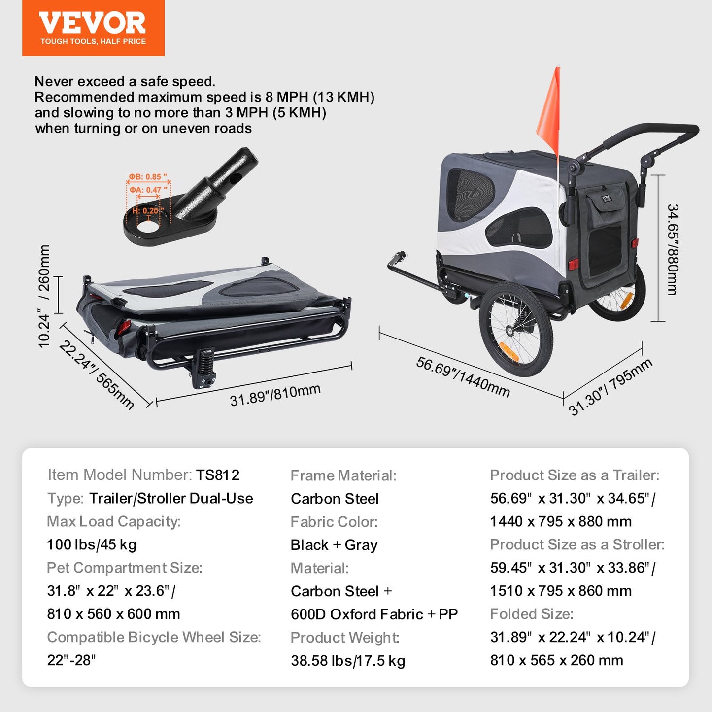 VEVOR Dog Bike Trailer, Supports up to 100 lbs, 2-in-1 Pet Stroller Cart Bicycle Carrier, Easy Folding,-$180