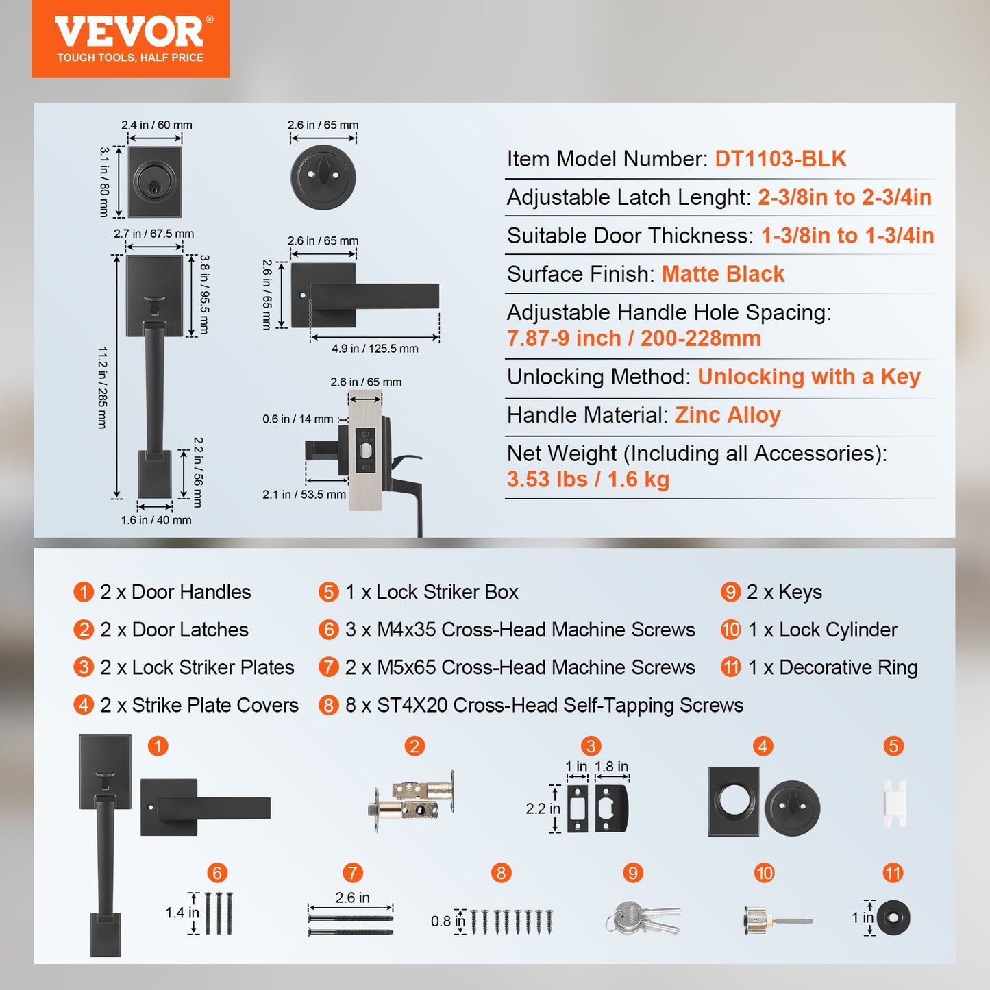 VEVOR Front Door Handle and Deadbolt Set, Square Entry Handle Set with Lever, Single Cylinder,-$35
