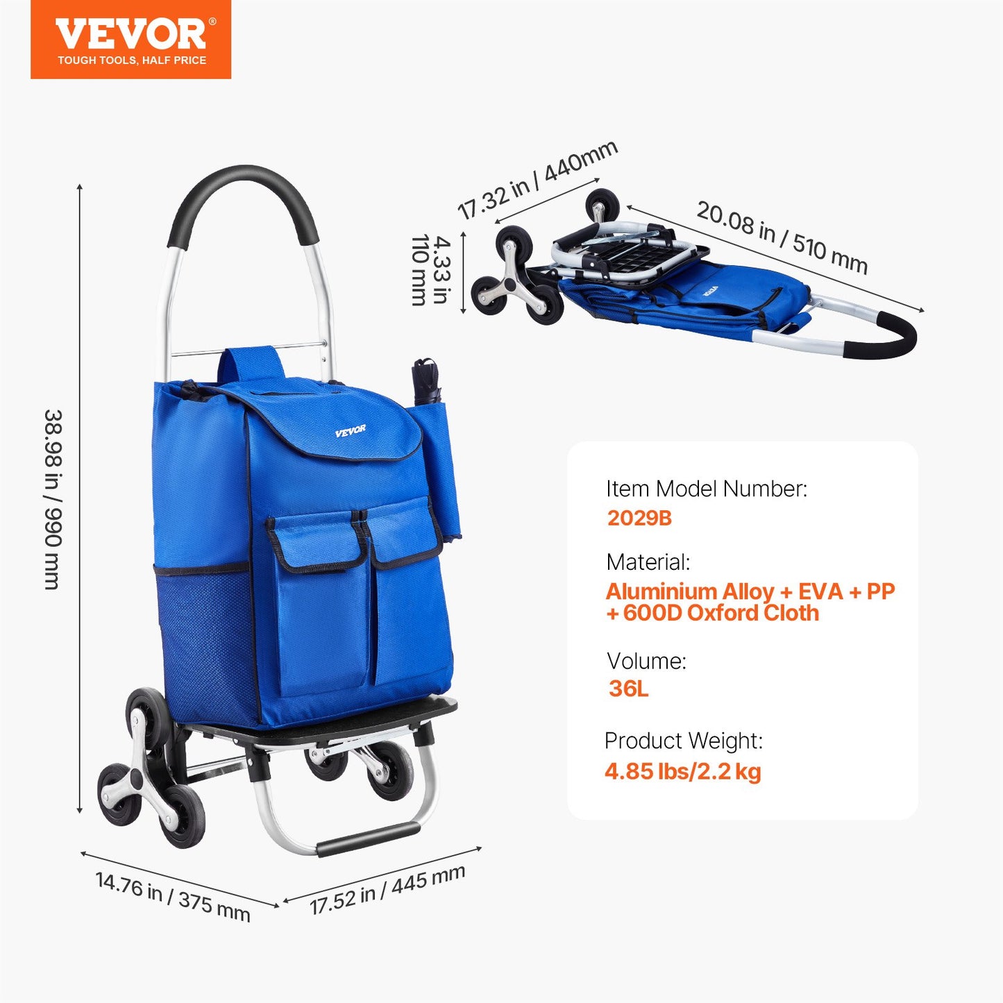VEVOR Stair Climber Trolley Dolly, 36L Folding Shopping Cart, Grocery Cart Trolley Laundry Stair Climbing,-$30