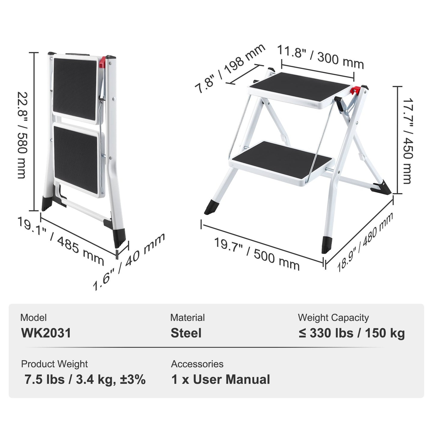 VEVOR Step Ladder 2-Step 330lbs Capacity, Ergonomic Folding Steel Step Stool with Wide Anti-Slip,-$25