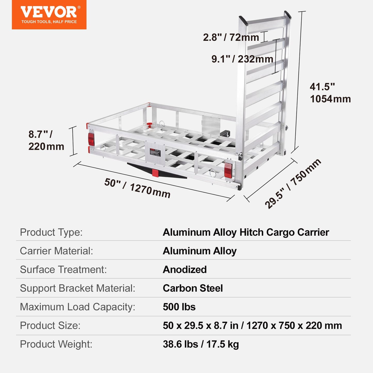 VEVOR 50 x 29.5 x 8.7 in Hitch Cargo Carrier, 500lb Capacity Trailer Hitch Mount Aluminum,-$180