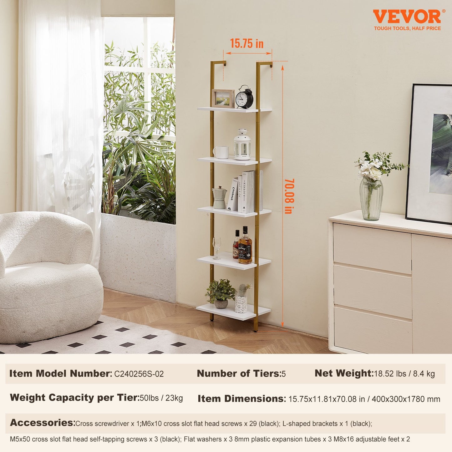 VEVOR Ladder Shelf, 5-Tier Bookshelf 15.6x11.8in, Open Wall-Mounted Ladder Shelf with Metal Frame,-$40