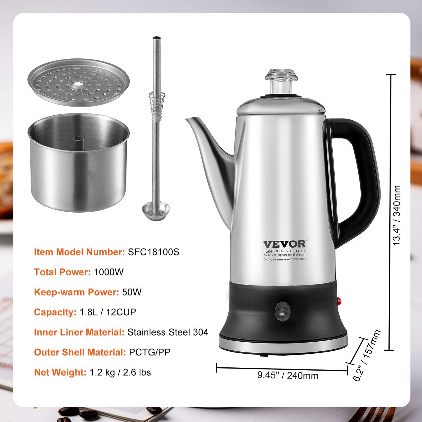 VEVOR 12-Cup Electric Percolator Coffee Pot, 304 Stainless Steel Coffee Percolator with Keep Warm,-$45