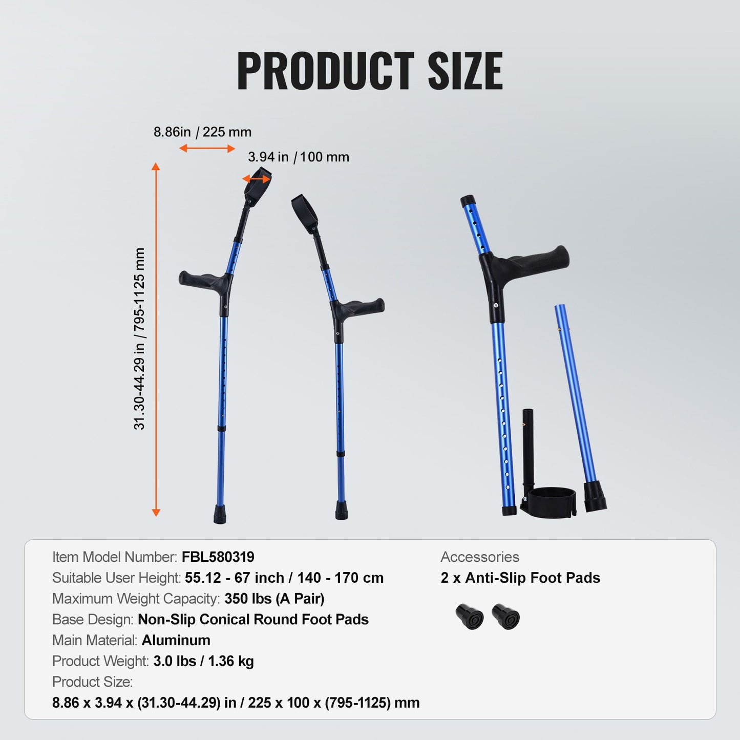 VEVOR Forearm Crutches for Adults, 11-Level Height Adjustable Walking Crutches with 4-Level Upper Cuff,-$30