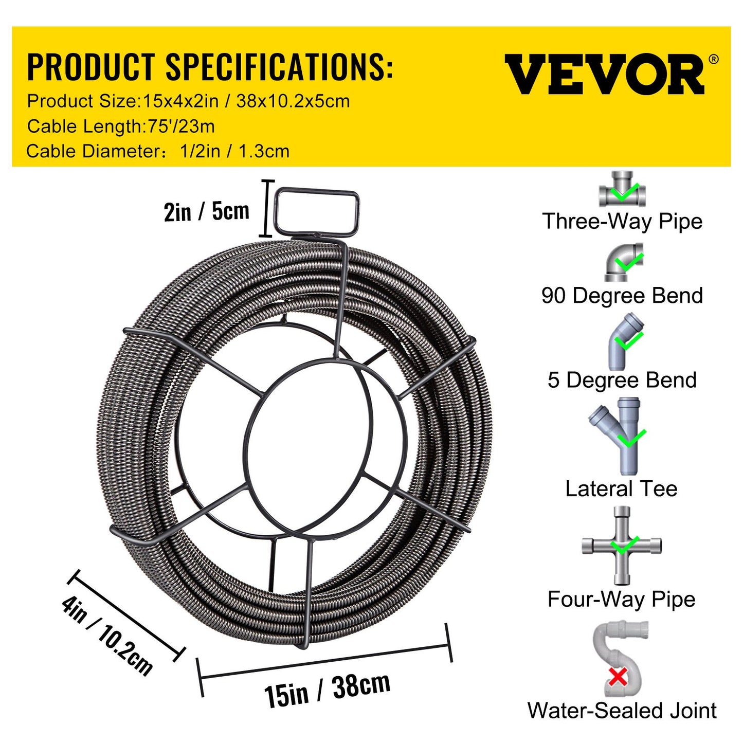 VEVOR Drain Cleaning Cable 75 Feet x 1/2 Inch Solid Core Cable Sewer Cable Drain Auger Cable Cleaner,-$60