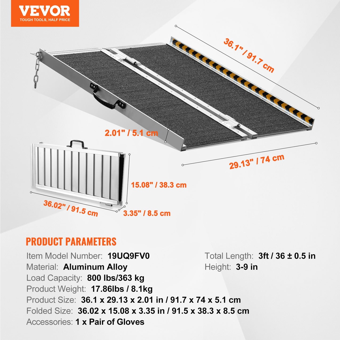 VEVOR Portable Wheelchair Ramp, 3 ft 800 lbs Capacity, Non-Slip Aluminum Folding Threshold Ramp,-$70