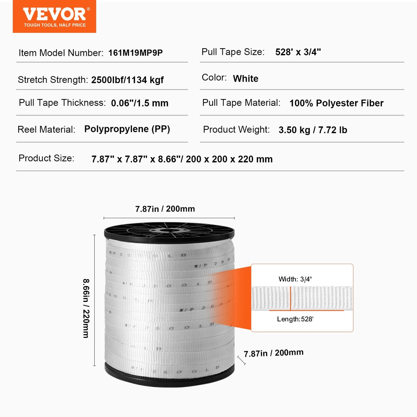 VEVOR Polyester Pull Tape, 3/4" x 528' Mule Tape Flat Rope, 2500 lbf Tensile Capacity,-$30