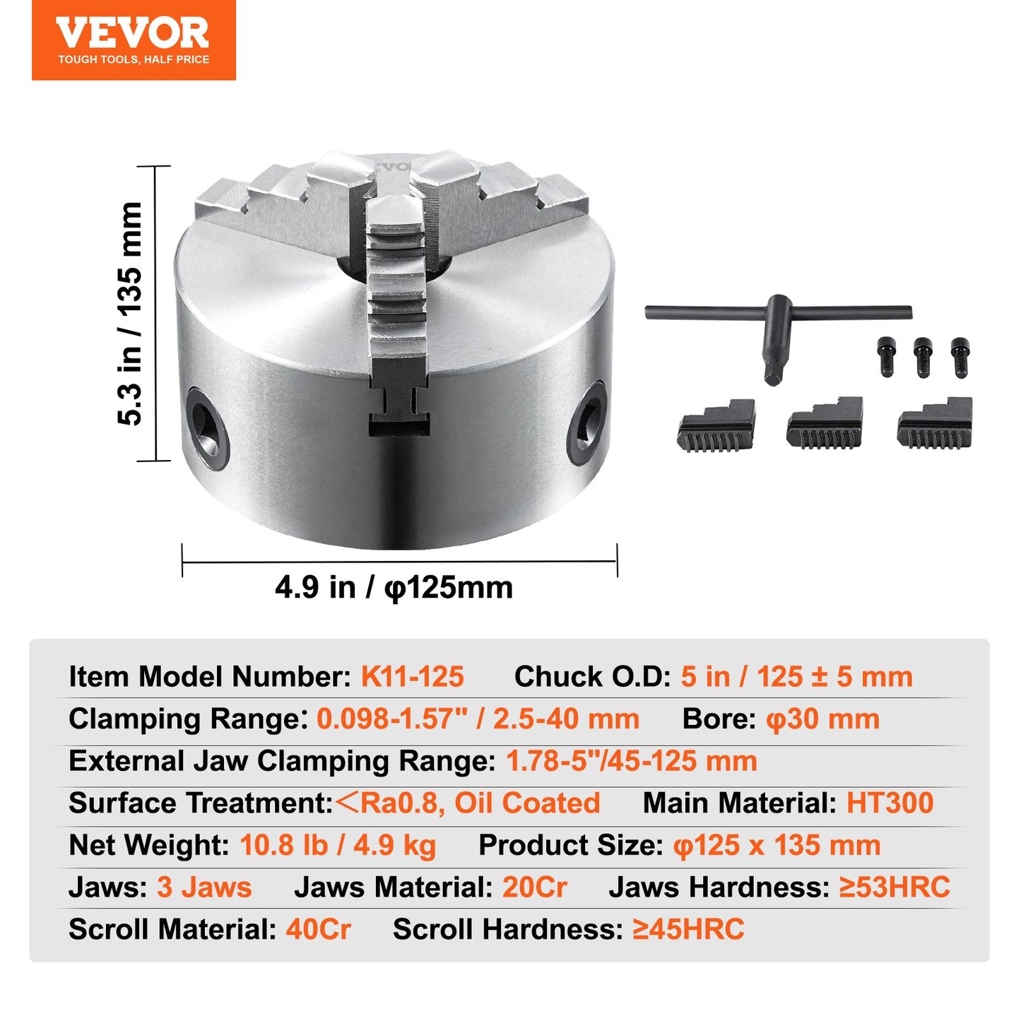 VEVOR 3-Jaw Lathe Chuck, 5'', Self-Centering Lathe Chuck, 0.1-5 in/2.5 -125 mm Clamping Range,-$50