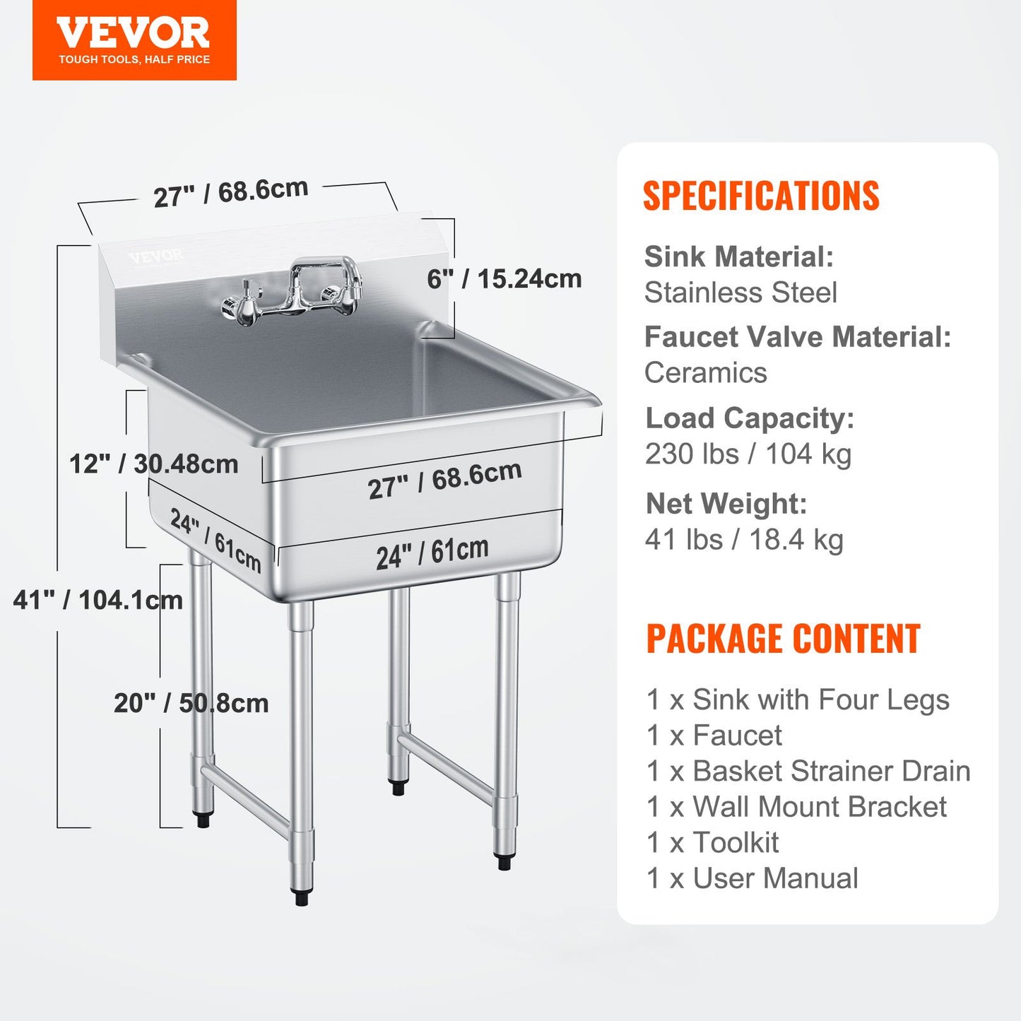 VEVOR Stainless Steel Prep & Utility Sink, 1 Compartment Free Standing Small Sink Include Faucet & legs,-$350