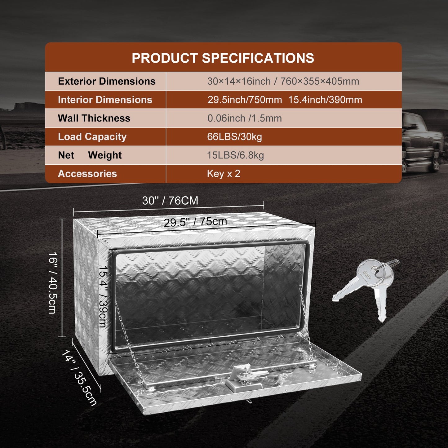 VEVOR Underbody Truck Box, 30"×14"×16" Pickup Storage Box, Heavy Duty Aluminum,-$120