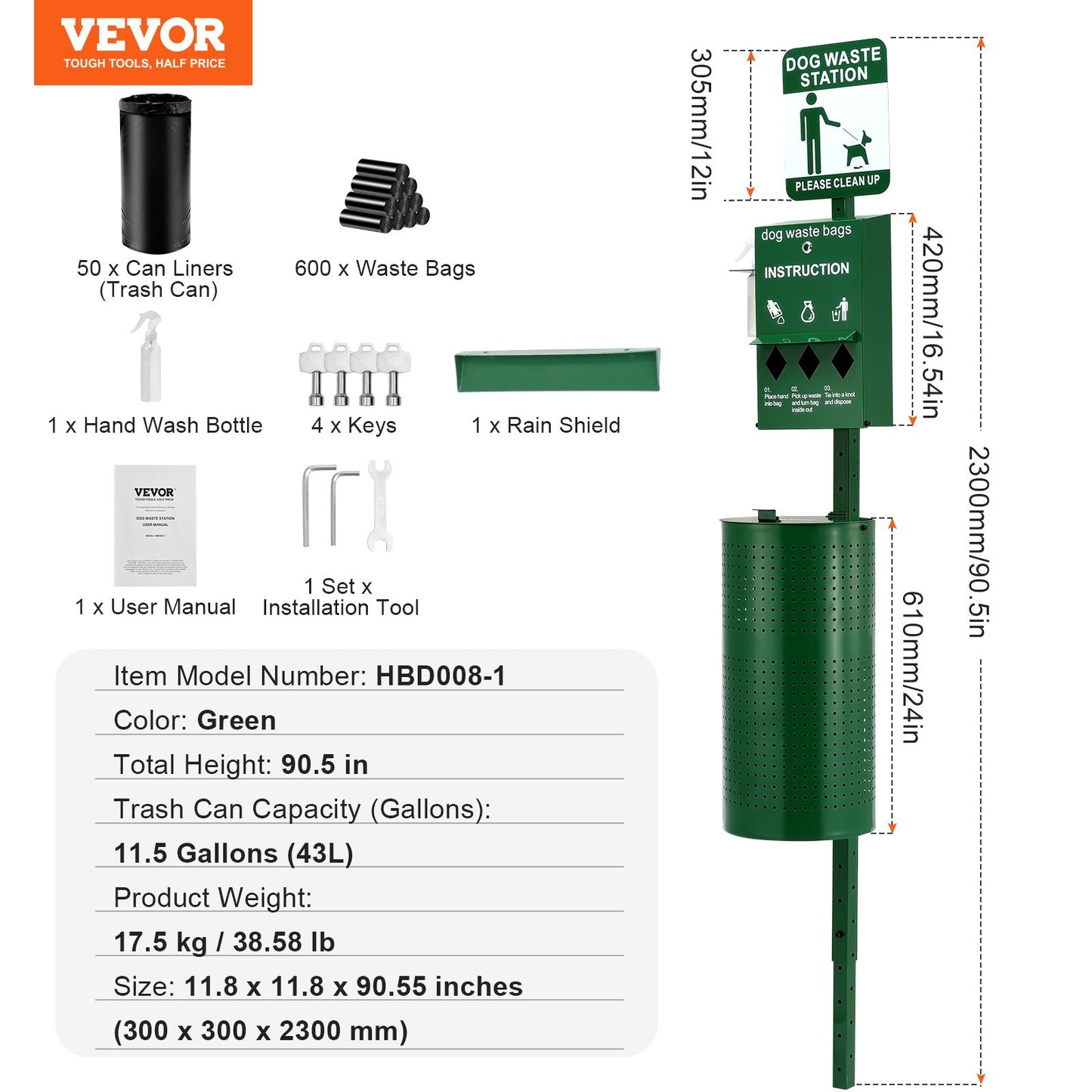 VEVOR Dog Waste Station (Commercial): 11.5Gal, Hand Wash Bottle & 600 Waste Bags,-$155