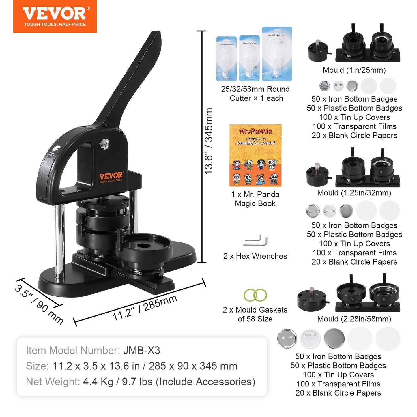 VEVOR Button Maker Machine, 1/1.25/2.28 inch,3-in-1 Pin Maker, Installation-Free Badge W/ 300pcs Button Parts