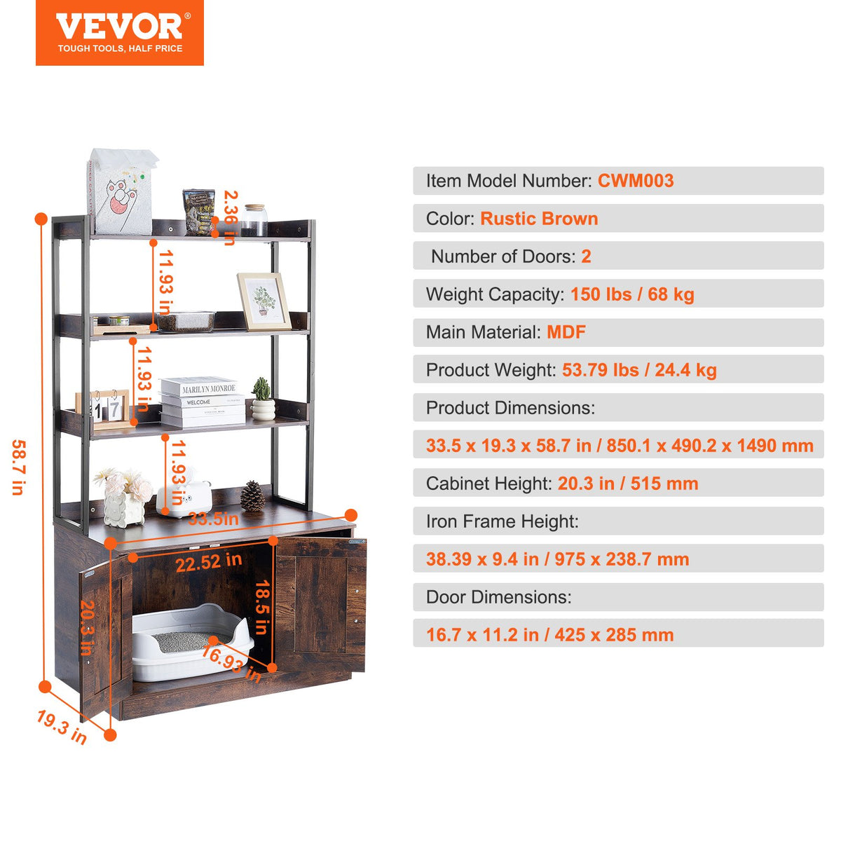 VEVOR Cat Litter Box Enclosure,Hidden Litter Box Furniture w/3 Storage Shelves,Wooden Cat Washroom Indoor,Large Cat House Cabinet Hidden Fit Most Litter Box