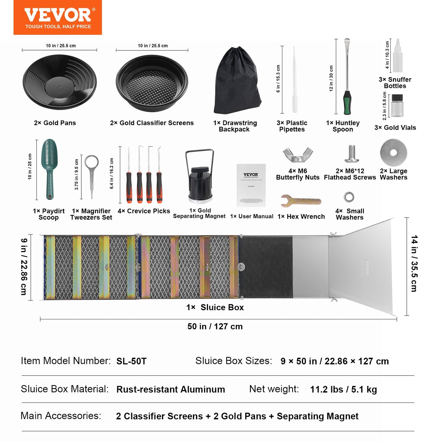 VEVOR Gold Panning Kit With Sluice Box, 50" Aluminum Gold Mining Equipment, 23 PCS Prospecting Kit,-$120