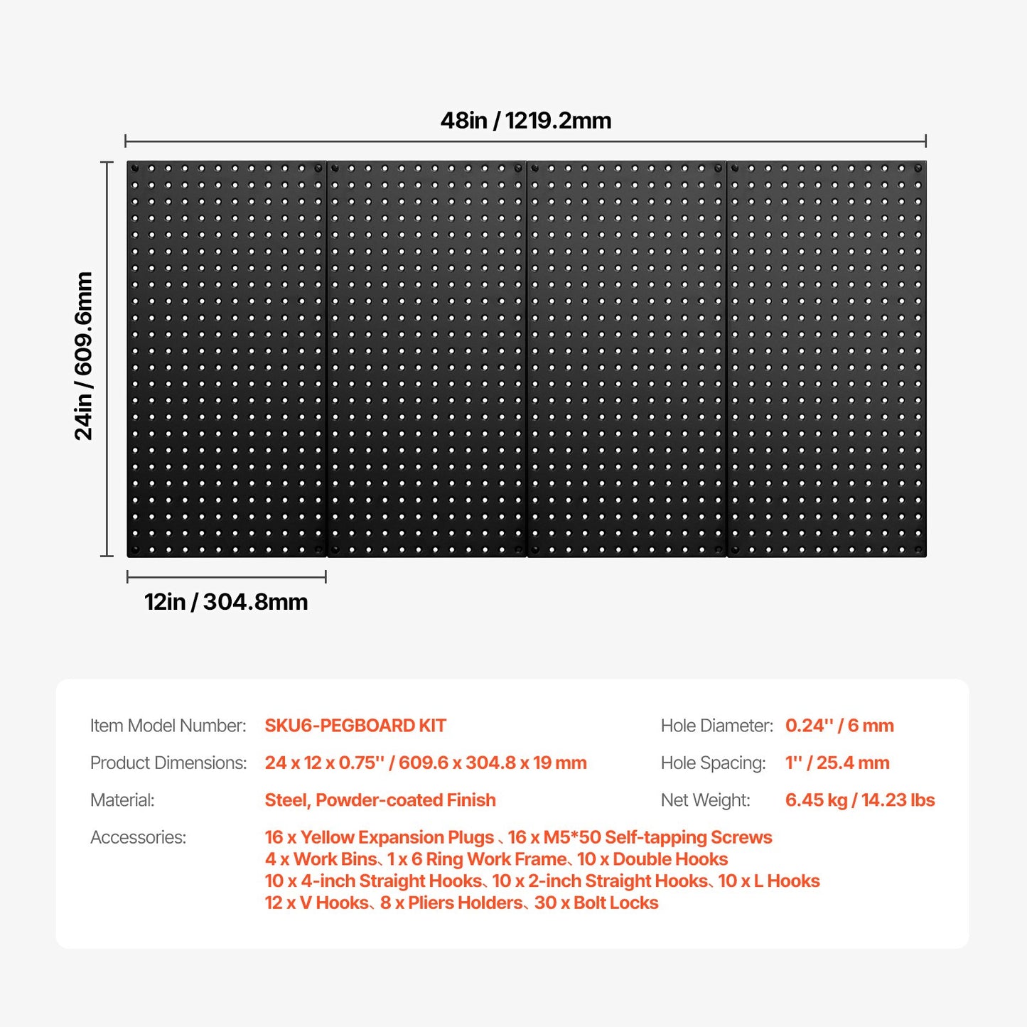 VEVOR Metal Pegboard Panels, 24" x 12" Pegboard, 4 Panels, Heavy Duty Peg Board Wall Organizer,-$55