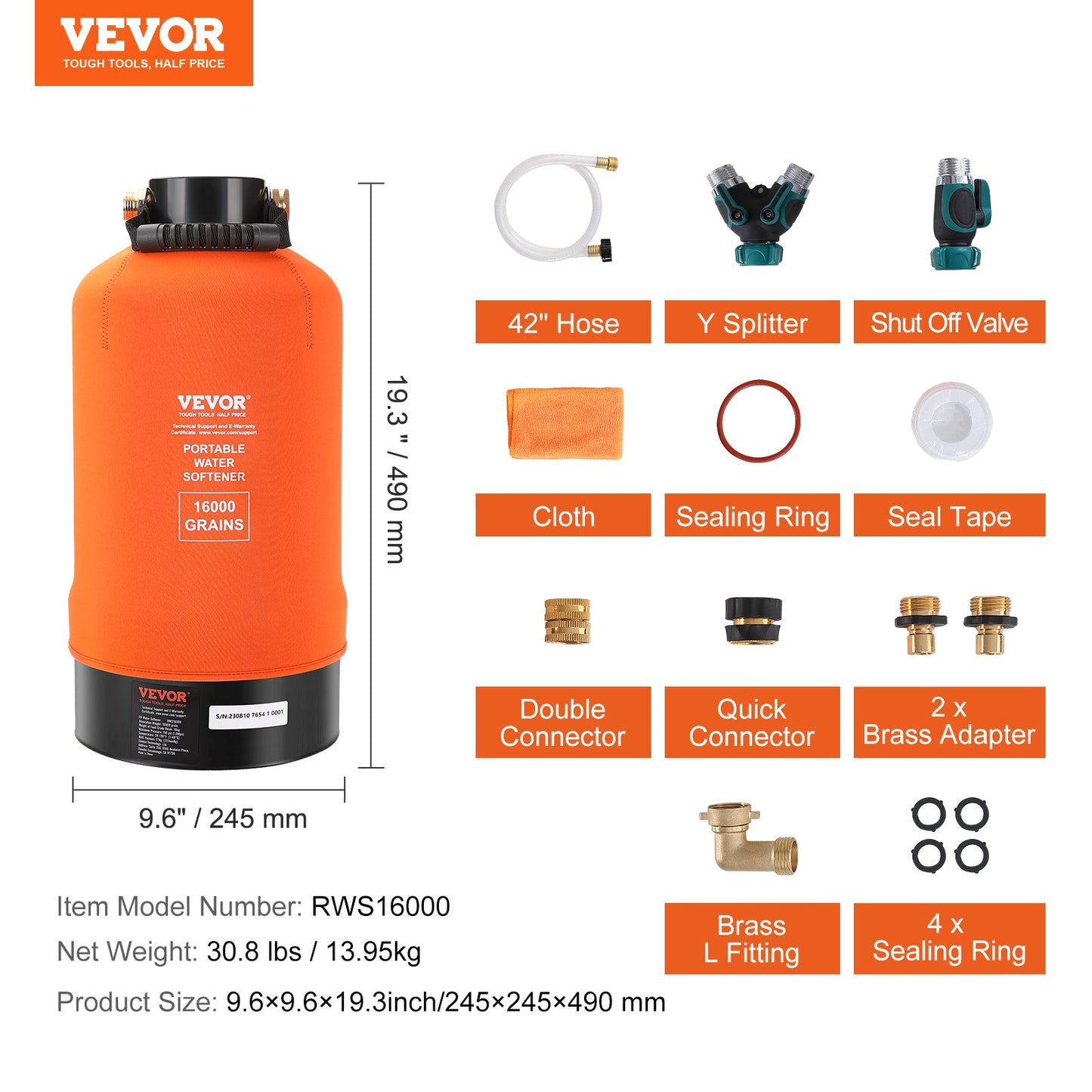 VEVOR RV Water Softener, 16,000 Grain Portable Water Softener, with 3/4" Brass Fittings and 42" Hose,-$125