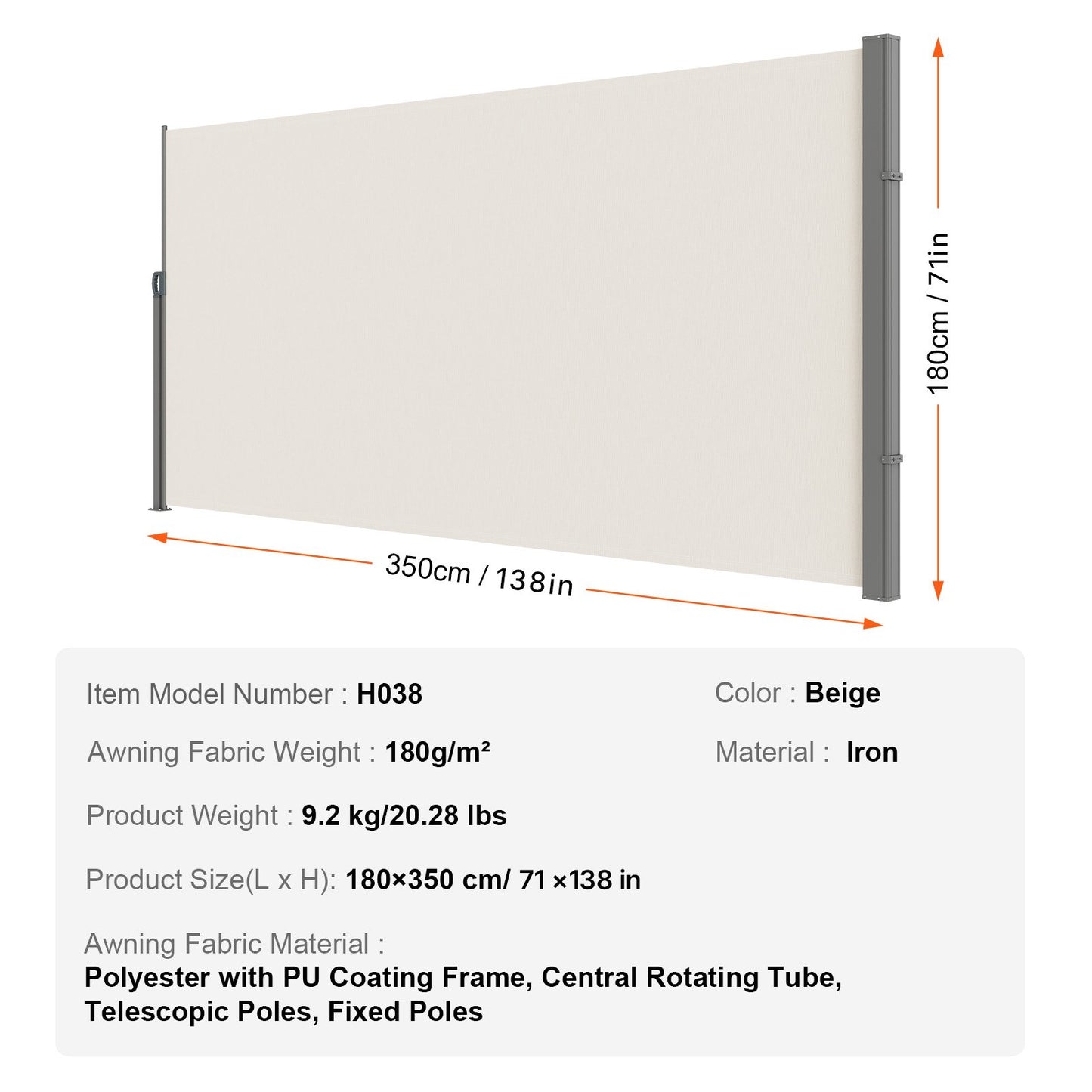 VEVOR Retractable Side Awning, 71''x 138'' Outdoor Privacy Screen, 180g Polyester,-$70