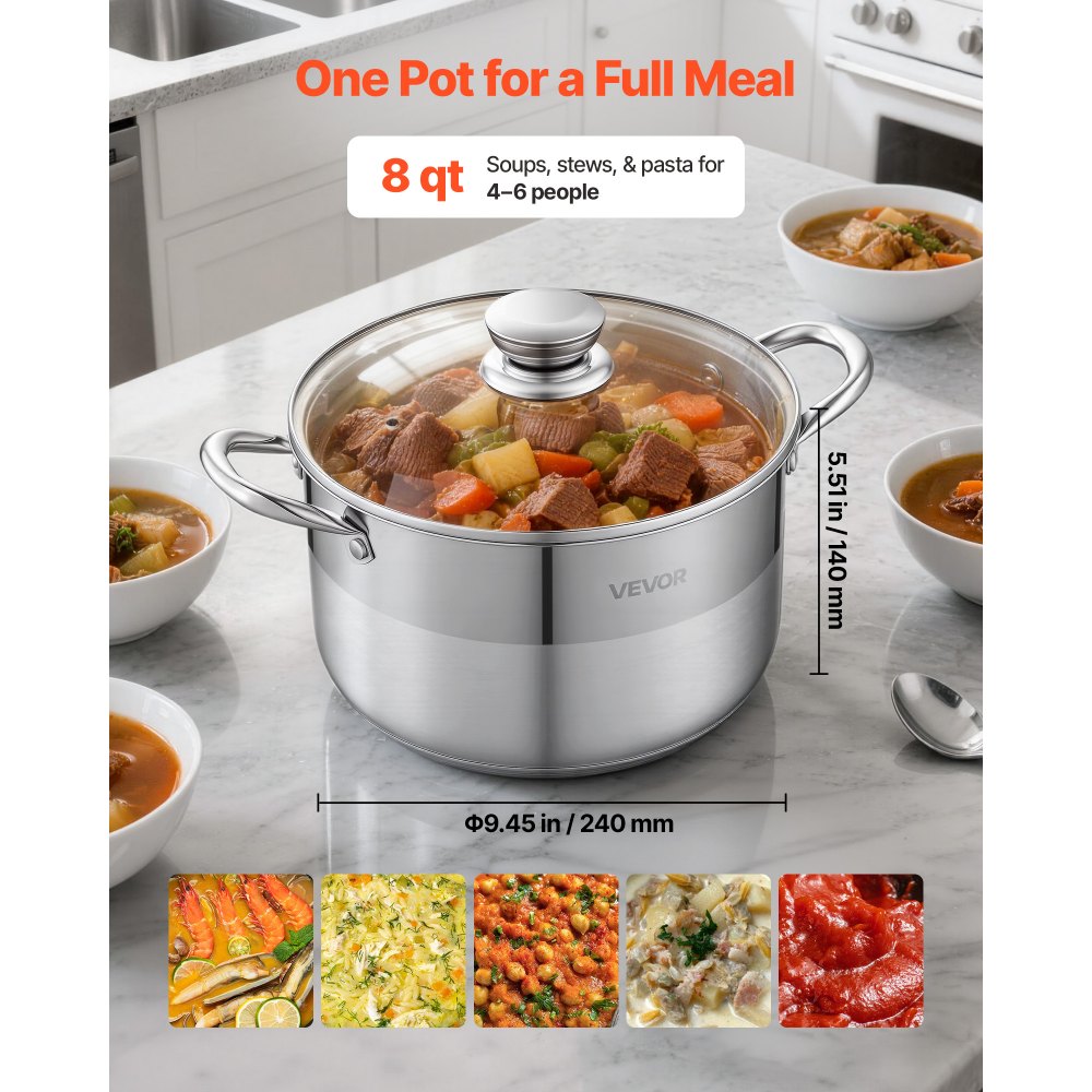 VEVOR Stainless Steel Stock Pot, 8-Quart Stainless Steel Stockpot with Glass Lid, PFOA/PFAS-Free,-$20