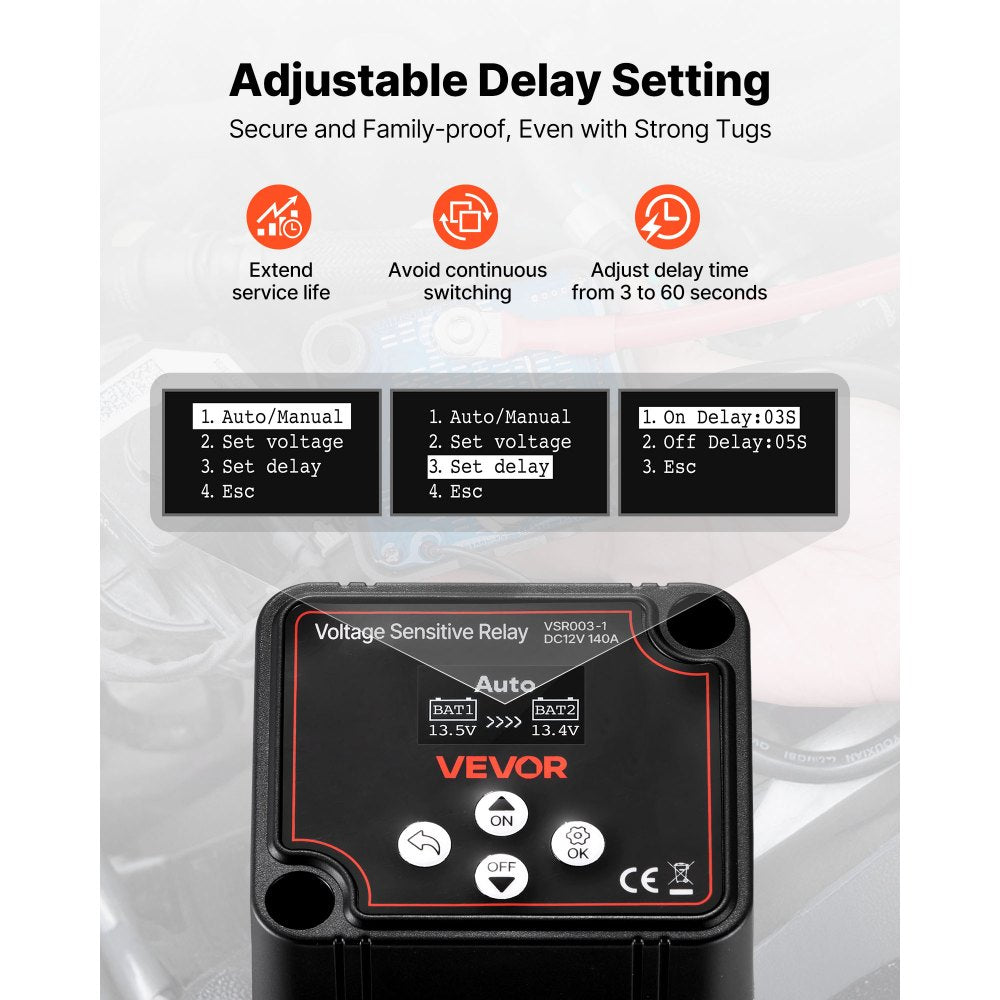 VEVOR Dual Battery Isolator Kit, 12V 140 Amp, Manual and Automatic VSR Voltage Sensitive Relay,-$55