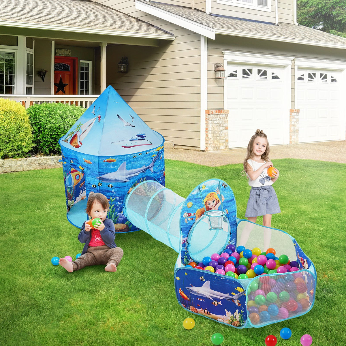 VEVOR 3 in 1 Kids Play Tent with Tunnel, Basketball Hoop, Indoor/Outdoor Pop Up Playhouse W/Carrying Bag & Banding Straps -$30