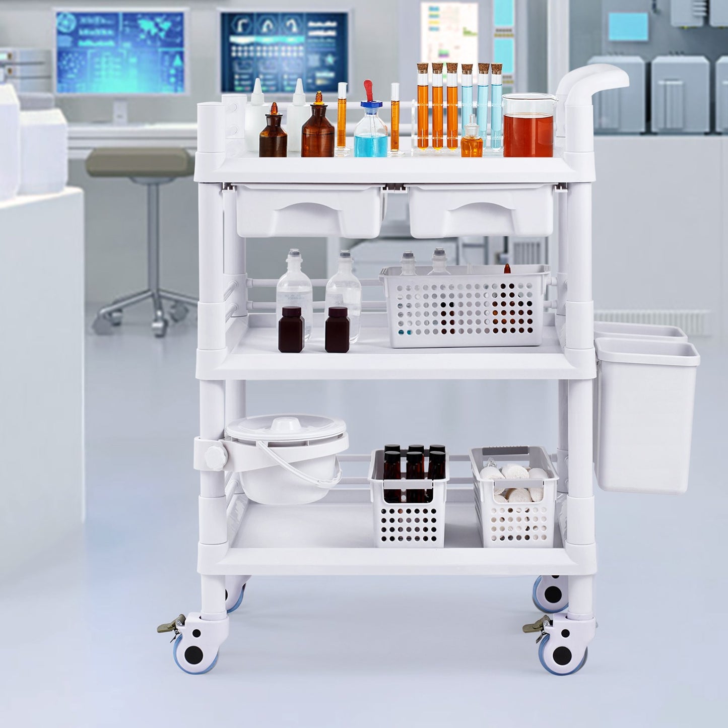 VEVOR 3-Tier Lab Utility Cart with 3 Trays & 4 Silent Wheels,  PP Material,-$130