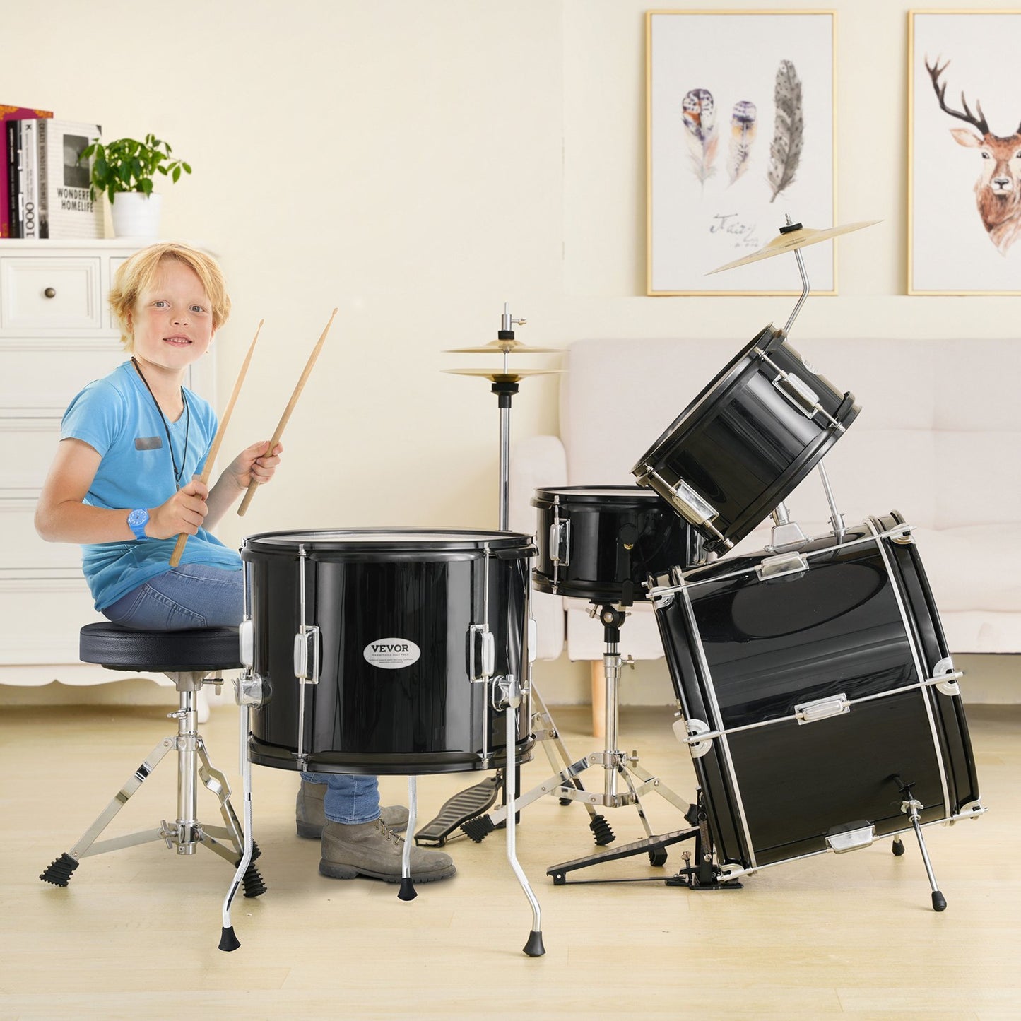 VEVOR Kids Drum Set, 5-Piece, 16 in Beginner Full Drum Set with Bass Toms Snare Floor Drum Adjustable,-$160