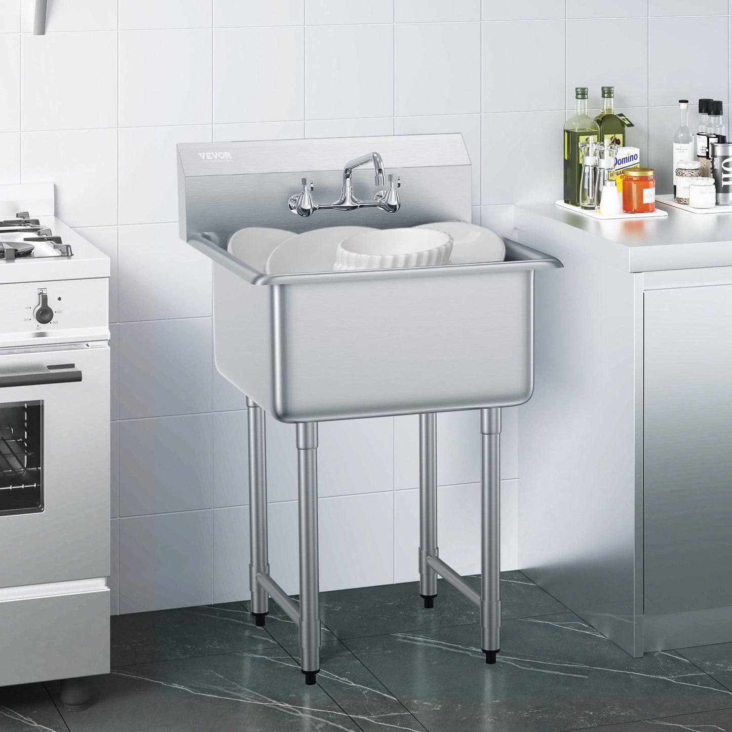 VEVOR Stainless Steel Prep & Utility Sink, 1 Compartment Free Standing Small Sink Include Faucet & legs,-$350