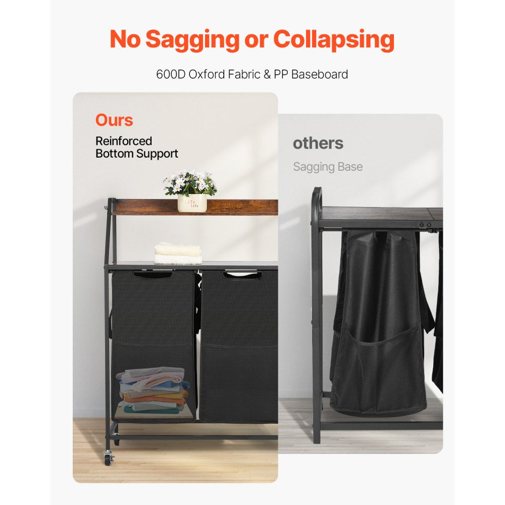 VEVOR 2 Tiers Laundry Sorter, Tall Laundry Hamper with Metal Frame and Wooden Tabletop,-$50