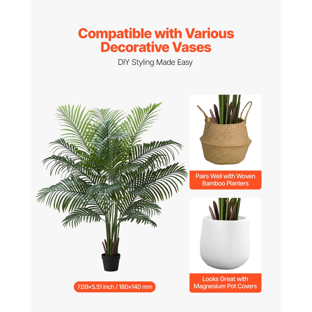 VEVOR Artificial Areca Palm Tree 6 ft, Fake Palm Tropical Plants with White Tall Planter,-$55