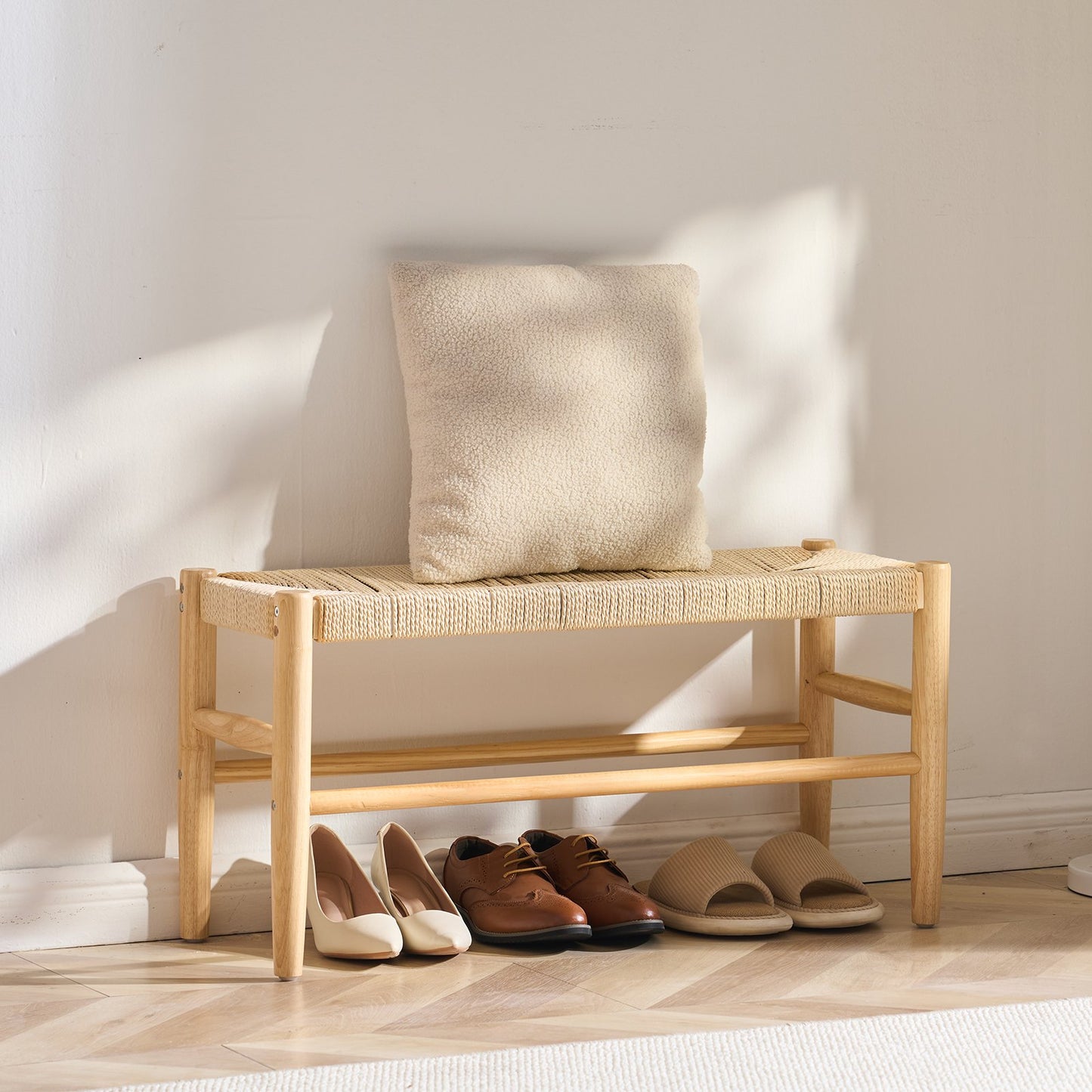 VEVOR Rattan Bench, 31.5" Wooden Rattan Bench, Entrywway Bench with Oak Wood Legs,-$80