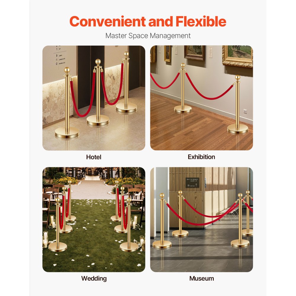 VEVOR Stanchion Post, 6 Pcs Crowd Control Barrier Set with 4 Red Velvet Ropes, 5 ft Stainless,-$85