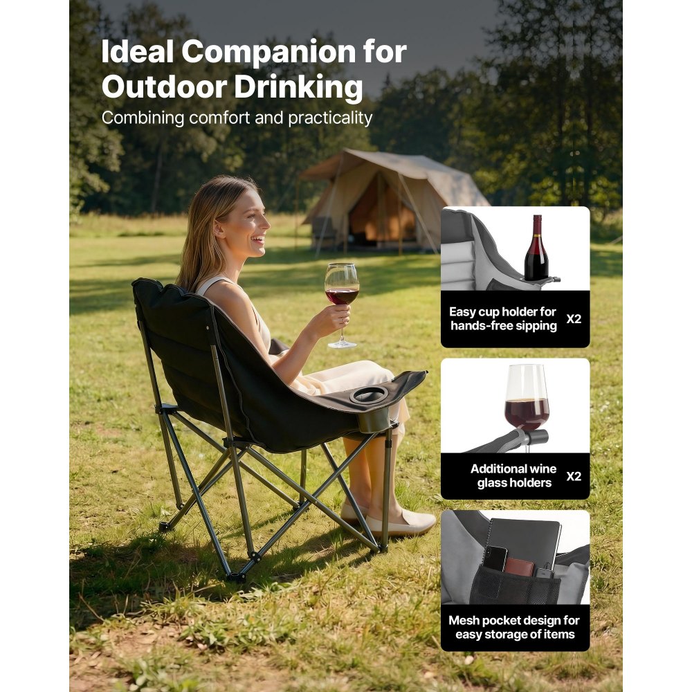 VEVOR Oversized Portable Padded Folding Camping Chairs,450lbs Heavy Duty Support,with Dual Cup Holders & Wine Glass Holders,1 Pack