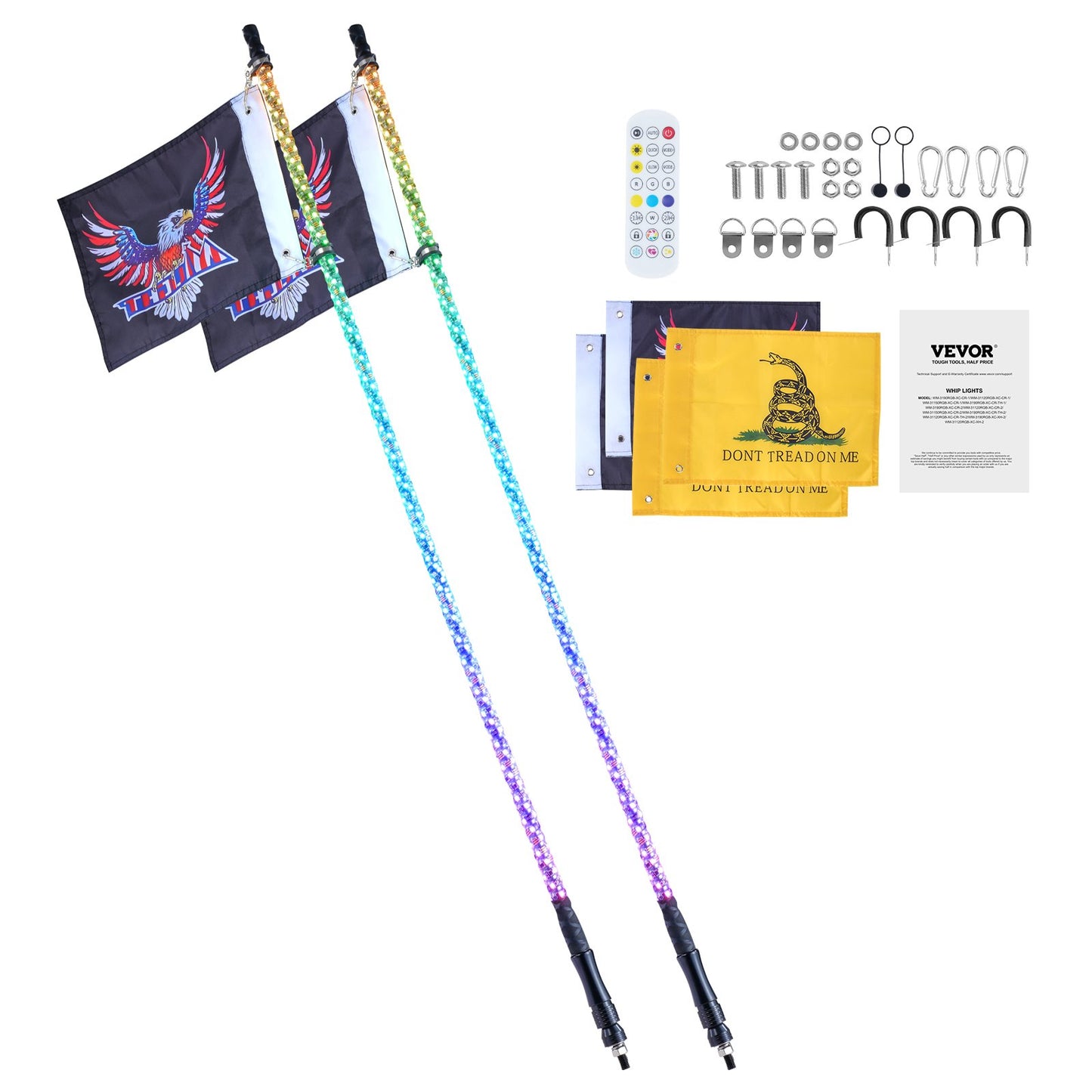 VEVOR 2 PCS 5 FT Whip Light, APP & RF Remote Control Led Whip Light, Waterproof 360° Spiral RGB,-$90