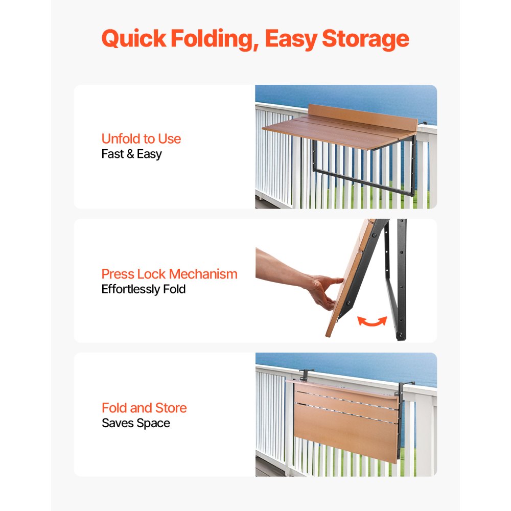 VEVOR Balcony Hanging Table, 15 x 39 in Folding Balcony Railing Table, Outdoor Balcony Bar Table,-$50