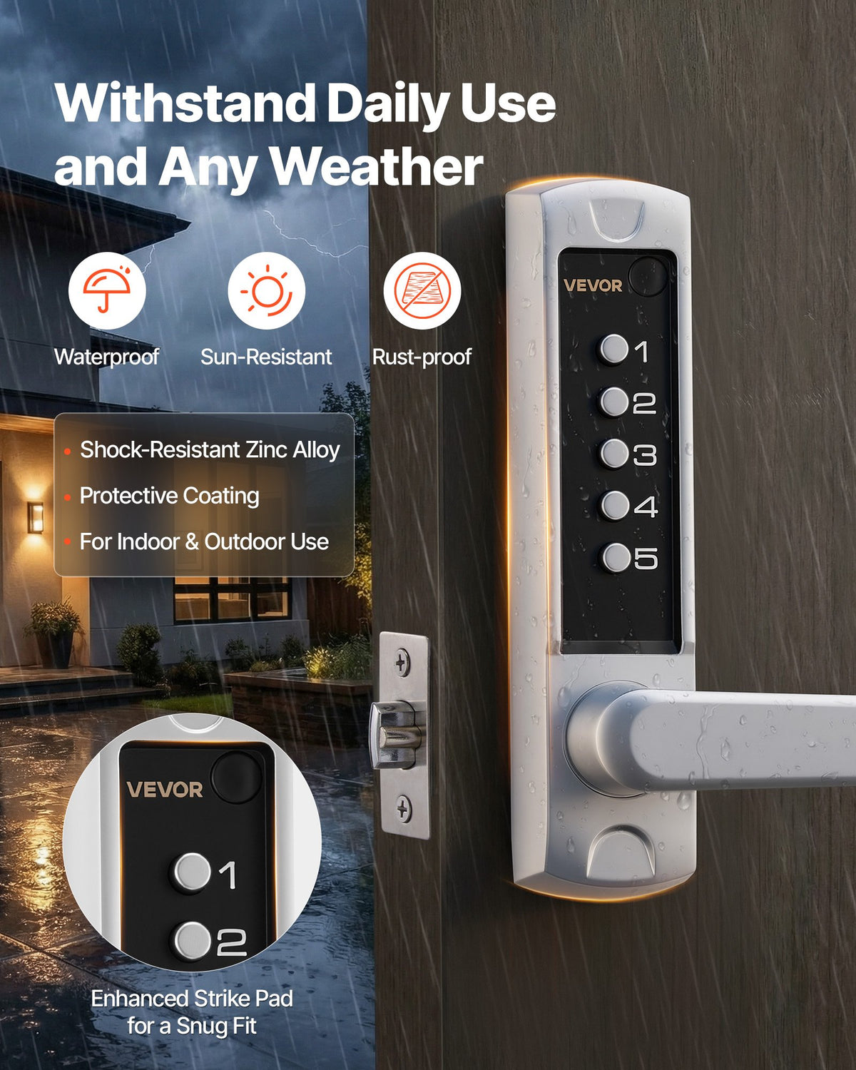 VEVOR Mechanical Keyless Entry Door Lock,2.0 Code Upgrade,5 Digits Code,Single-Sided Push Button Combination Keypad Door Lock with Handle,Auto Locking,-$100