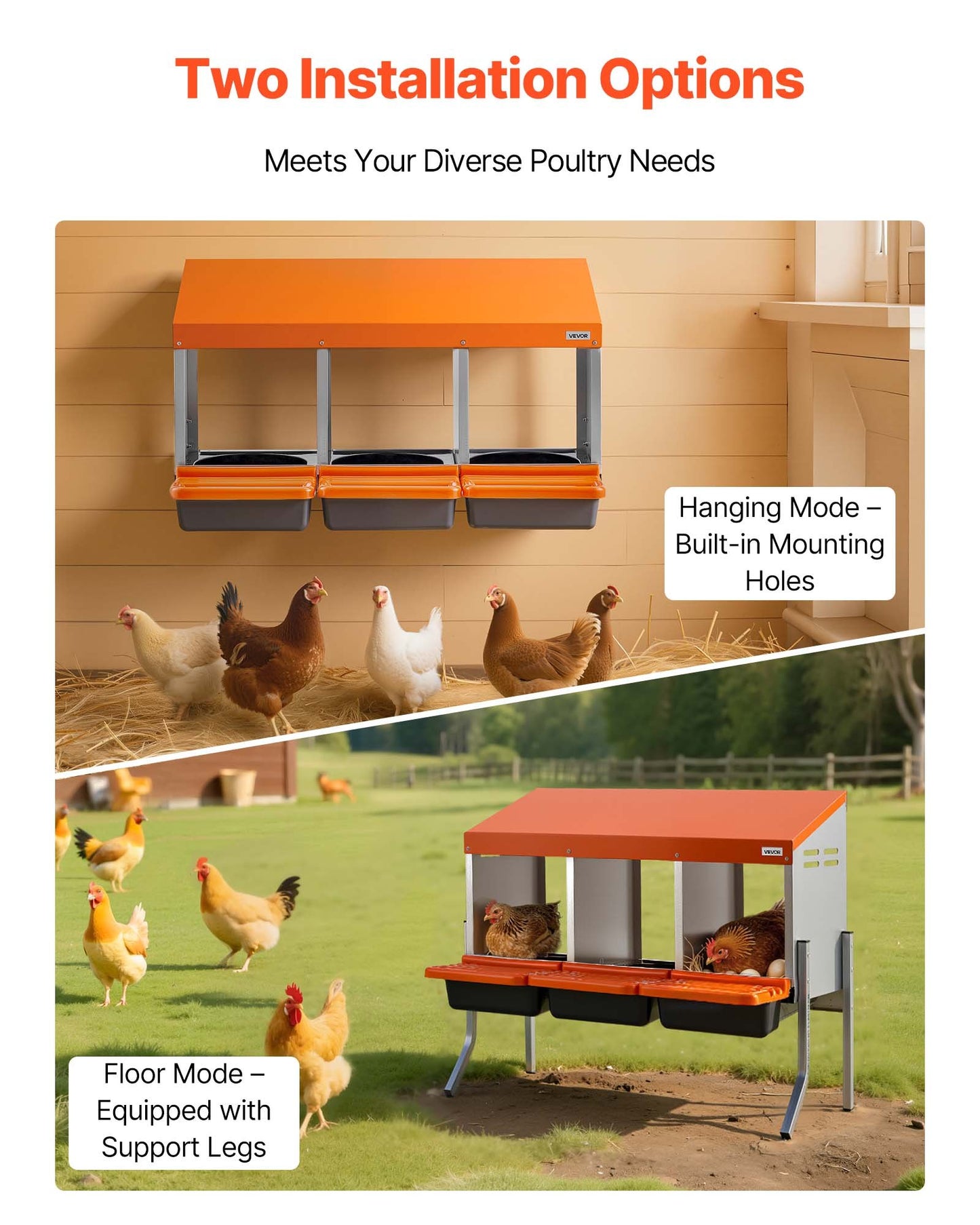 VEVOR Chicken Nesting Boxes, 3 Compartments, with Support Legs, Easy Egg Collection,-$70