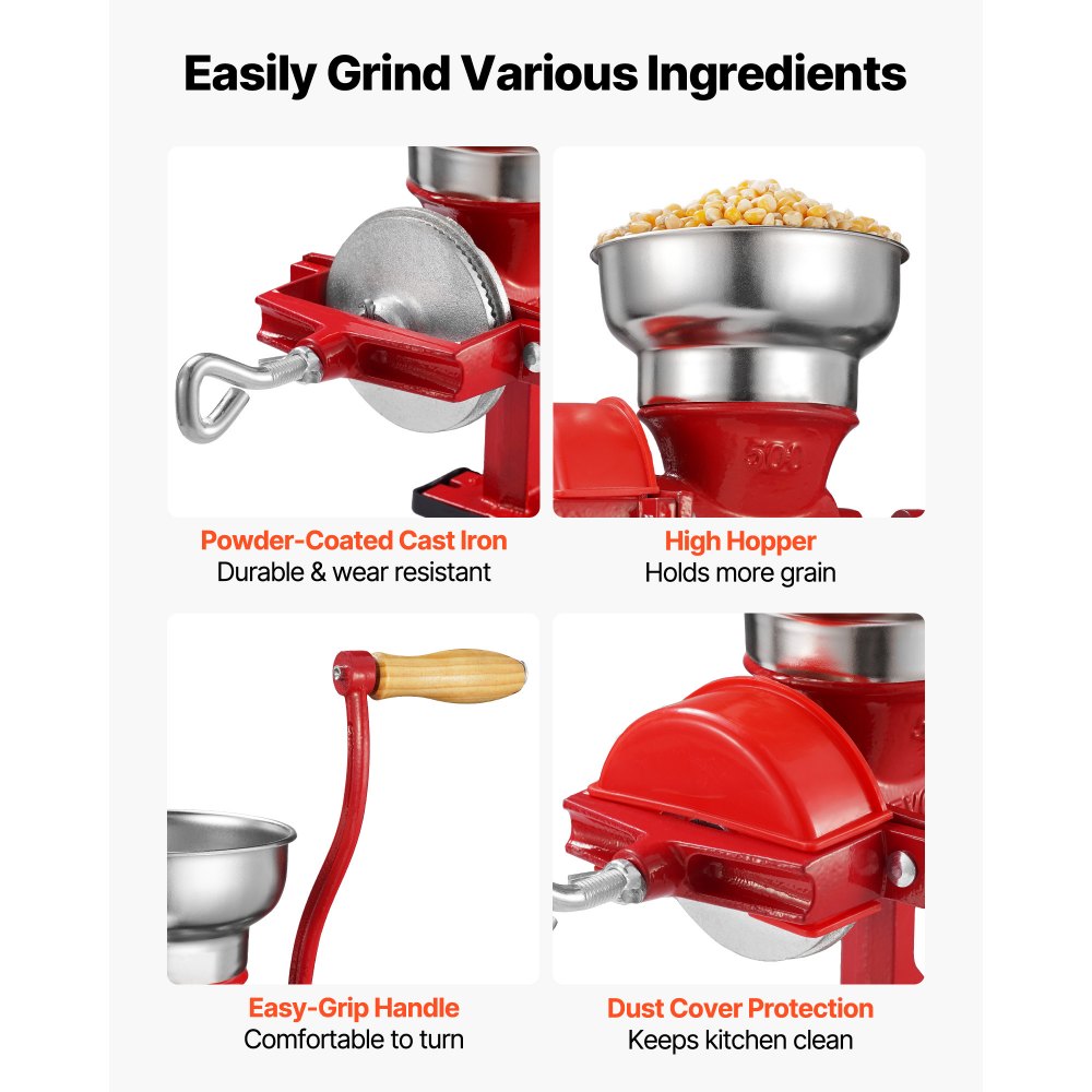 VEVOR Manual Grain Mill with Low Hopper, Hand-Crank Corn Grinder, Heavy Duty Cast Iron Wheat,-$30