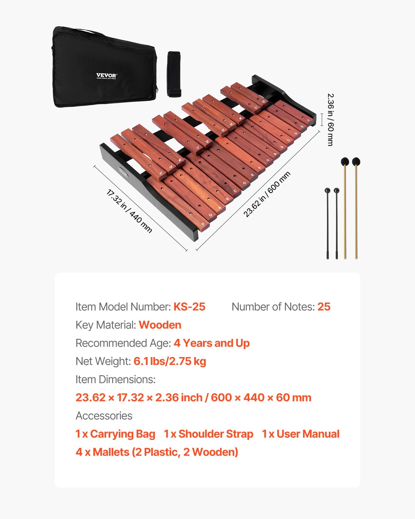 VEVOR Glockenspiel Xylophone, 25 Notes, Wooden Professional Xylophone Percussion Instrument,-$60