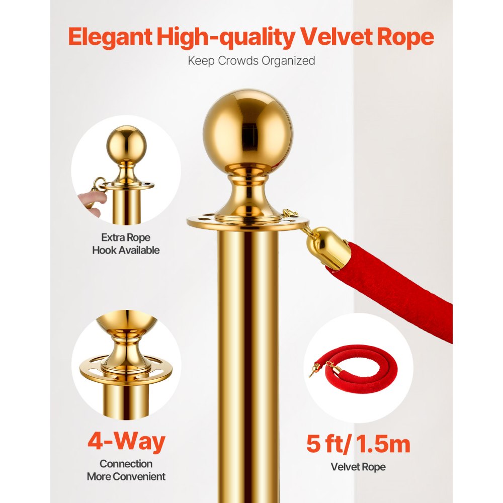 VEVOR Stanchion Post, 6 Pcs Crowd Control Barrier Set with 4 Red Velvet Ropes, 5 ft Stainless,-$85