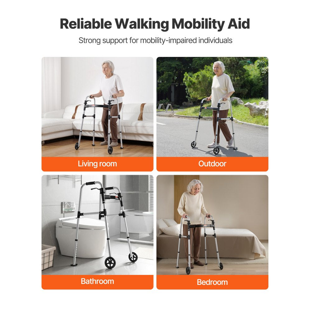 VEVOR Folding Walker, 2-Button Foldable Walker with 5" Wheels & 8-Level Adjustable Height,-$35